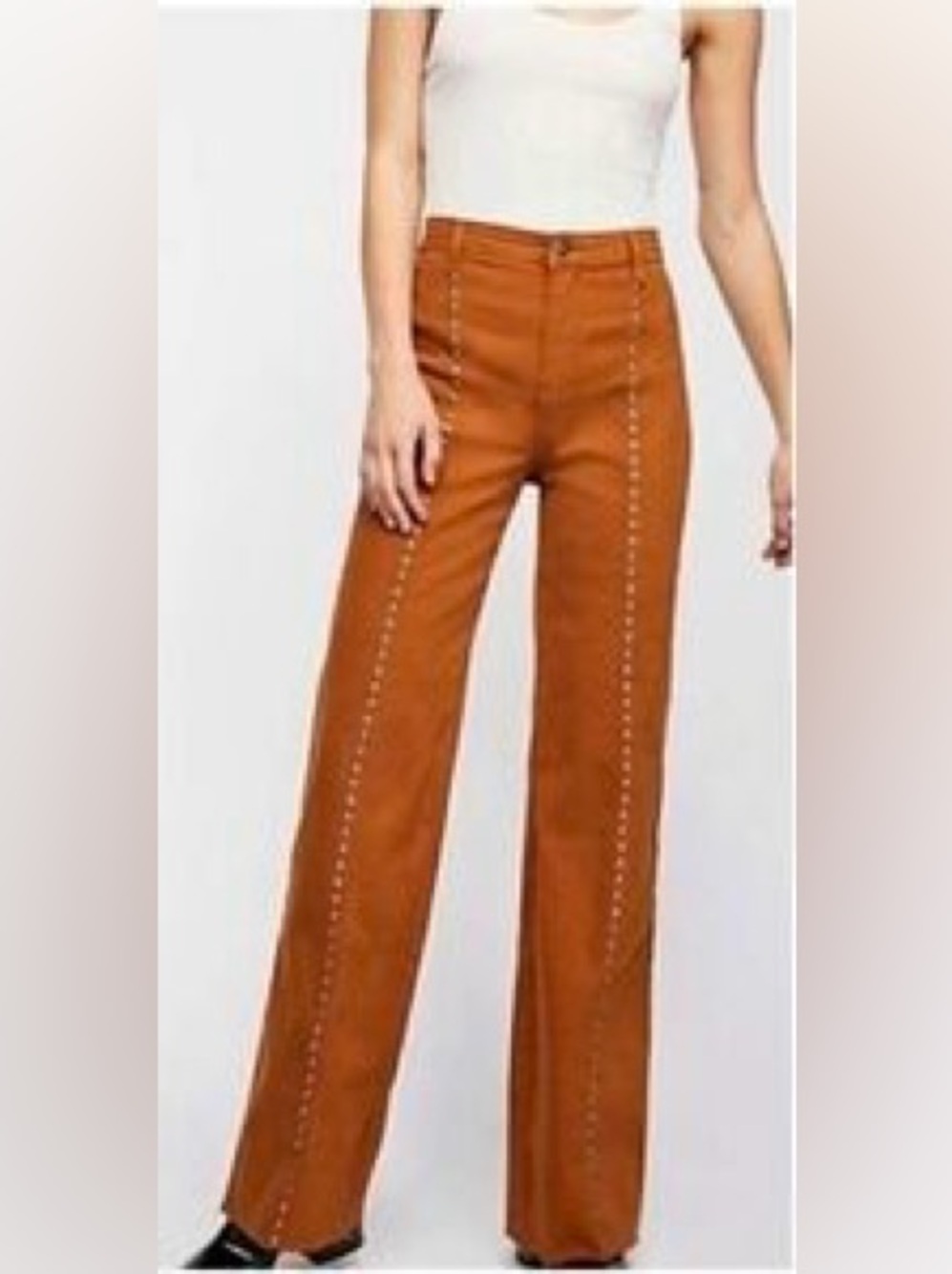 Free People HTF We The Free Studded Wide Leg Cropped Jeans Camel Raw Hem Size 30